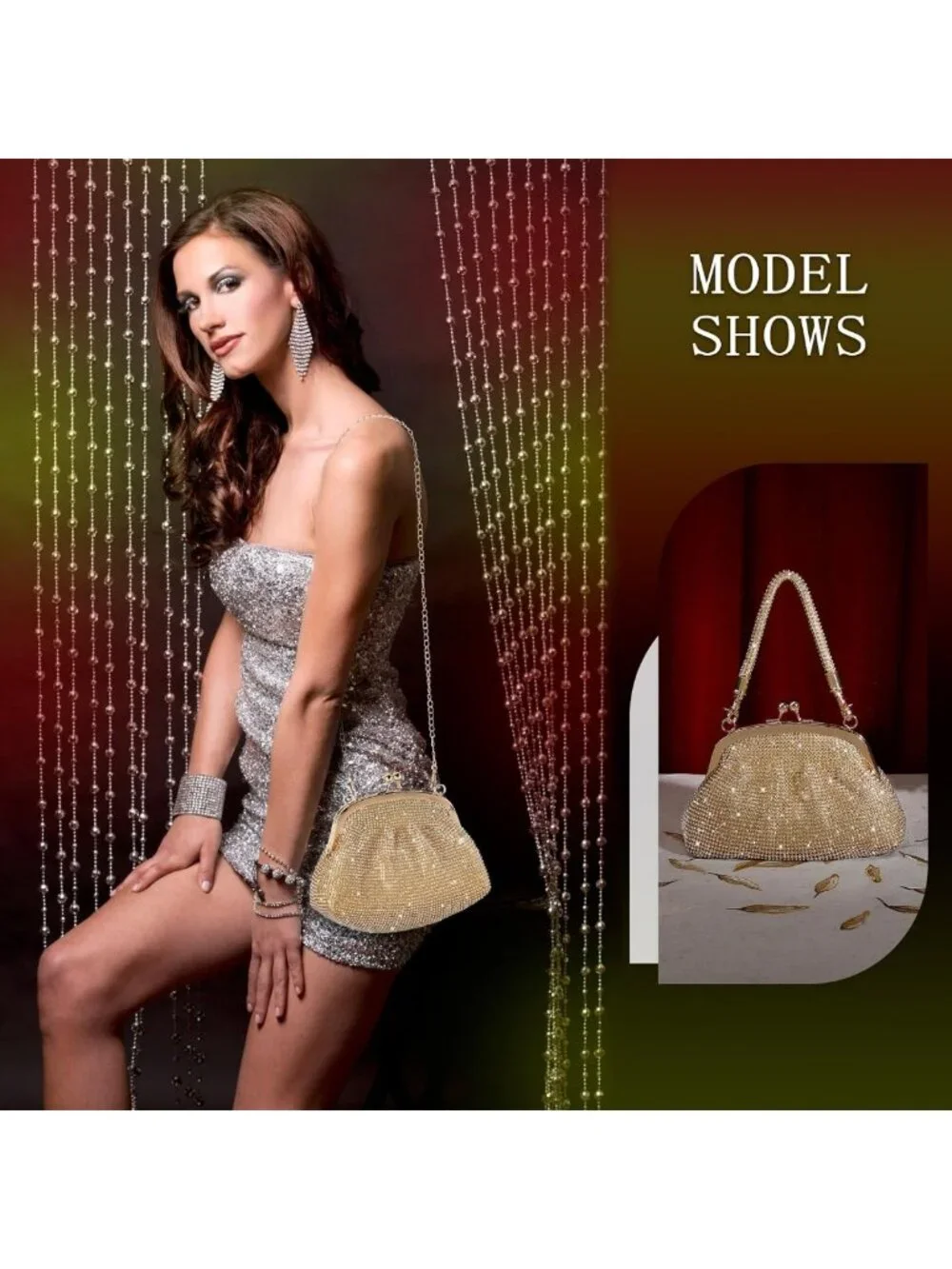 Sparkly Silver Clutch Purse for Women, Rhinestone Evening Bag for 1920s Party
